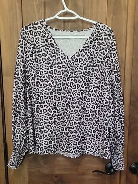 SHEIN Taupe and Black Leopard V-Neck Long Sleeve Top